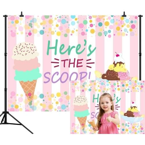 Ice Cream Photo Backdrop Princess Girl Birthday Heres The Scoop Party Banner Background Pink Stripes Colorful Polka Dots Studio