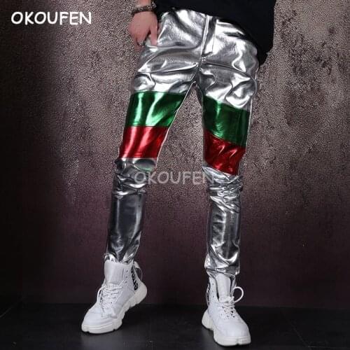 Nightclub tide mens handsome technology wind handsome trousers fashion new silver PU leather pants mens slim casual pants
