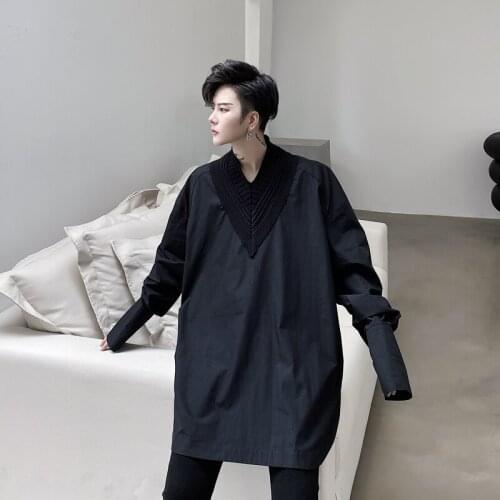 Mens Fashion V Neck Long Sleeve Loose Shirt Youth Punk Gothic Oversize Tops Black White