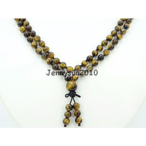 Natural Tigers Eye 6mm Gems Stone Buddhist 108 Beads Prayer Mala Knot Necklace Multi-Purpose 5Strands/Pack