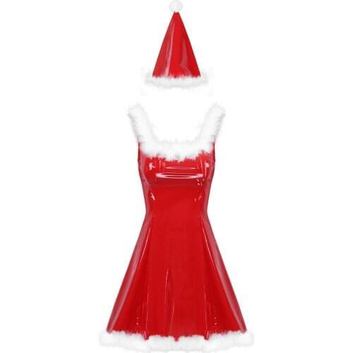2020 New Womens Mrs Santa Claus Fancy Dress Christmas Costume Square Sleeveless White Feather Trim Leather A-line Dress with Hat
