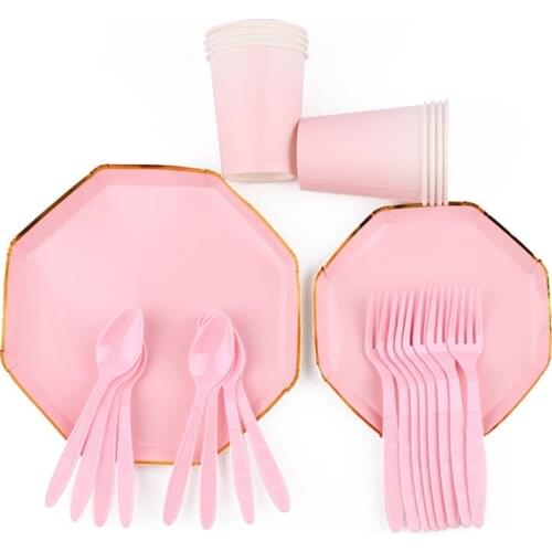 40Pc/Set Eight Sides Pure Pink Theme Disposable Tableware Birthday Decoration Baby Shower Spoon Plates Tablecloth Party Supplies
