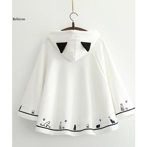 Solid black cartoon cat print cute hoodies and hooded sweatshirts winter fleece thick batwing sleeve pullover Tracksuits