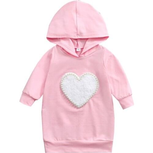 Autumn Fashion Toddler Kids Girls Casual Dress 1-5Y Children Girls Pearl Heart Print Long Sleeve Pullover Straight Mini Dress