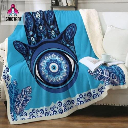 Evil Eye Hamsa by Ismot Esha Throw Blanket Mandala Sherpa Blanket Hand Blue Soft Bedspreads Peacock Feather Thin Quilt Mantas