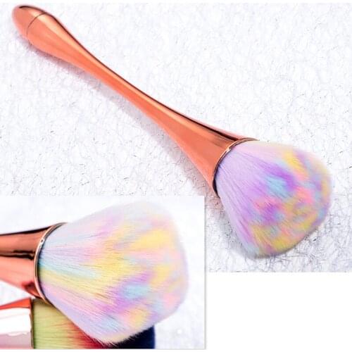 1pcs Nail Art Brush Cleaning Powder Dust Brush Gold/Rainbow Aluminum Handle Soft Brush Remove Face Nails Tips Dust Brushes Tools