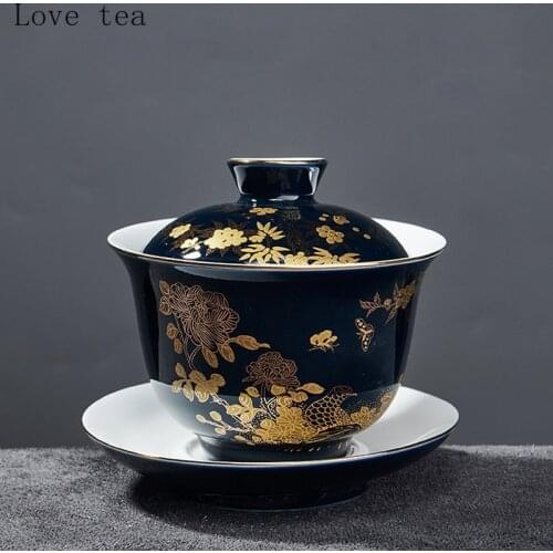 Super blue Phnom Penh ceramic cover bowl teacup large tea set non-hot teacup hand-held pot independent household Kung Fu tea set