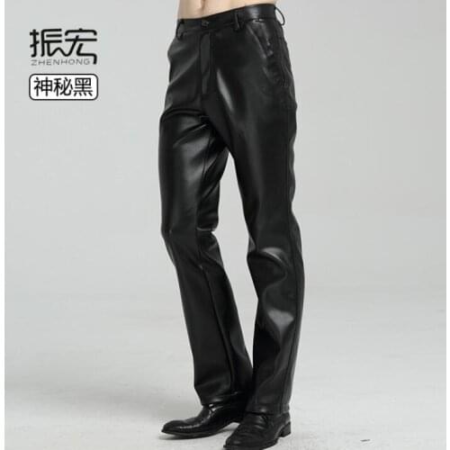 Loose motorcycle faux leather pants mens feet pants fashion Straight pu trousers for men personality pantalon homme black