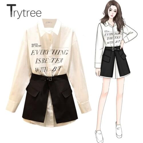 Trytree 2021 Spring Summer Two piece set Casual Letters Single Breasted White Shirt + Belt Pockets Skirt Office Lady 2 Piece Set