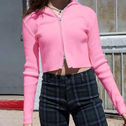2019 Pink Zip Up Sweater Cropped Cardigan Long Sleeve Sweaters Streetwear Vintage Crop Sweater Short Knitted Hooded Cardigan