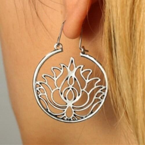 High Jewelry National Style Simple Personality Alloy Lotus Earrings Boho Style Earrings Titanium Steel Openwork Lotus Earrings