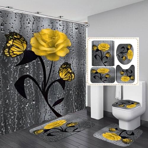 Yellow Rose Print 3D Shower Curtain Set Waterproof Polyester Butterfly Bathroom Curtain Anti-slip Bath Mat Set Toilet Rug Carpet