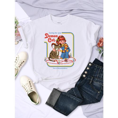 Caring For Your Demon Catprint womens Tshirt Fashion Oversized Tshirt Cartoon Big-size Clothes Vintage o-neck Female T-shirt