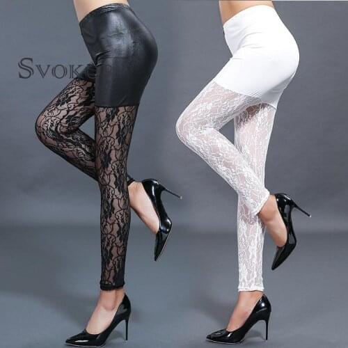 SVOKOR Sexy Lace Leather Leggings Women High Waist Zipper Push Up Leggins Splicing Slim Pants High Street Fashion Lady