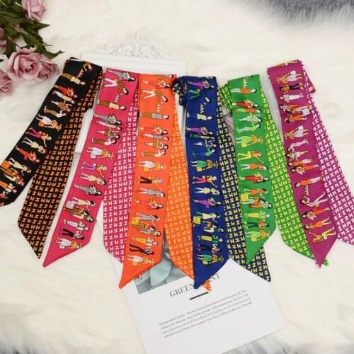 Small People Silk Scarves Handbag Tie Twill Two Layers Necktie Women Fashion Headband Ribbons Long Skinny Scarves