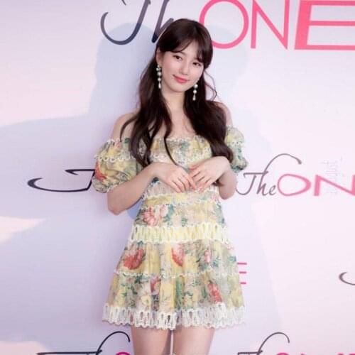 Floral Print Summer Mini Dress Women Slash Neck Puff Sleeve Party Dress Hollow Out Lace A-Line Runway Dress Sexy Vintage B997