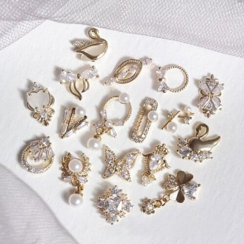 10pcs/lot 3D Swan Bow Love Crown Alloy Nail Art Zircon Pearl Metal Manicure Nails Accesorios Supplies Nail Decorations Charms