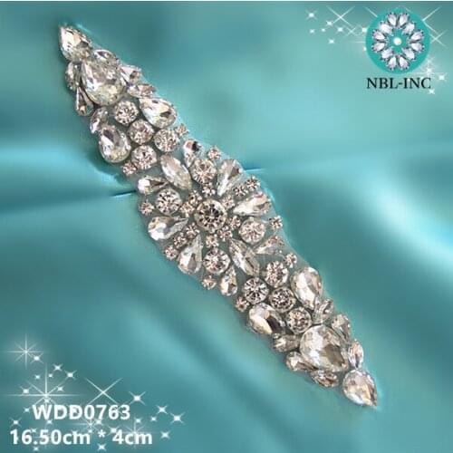 30PCS) Wholesale handmade beaded bridal silver clear crystal rhinestone applique for wedding dresses sash DIY iron on WDD0763