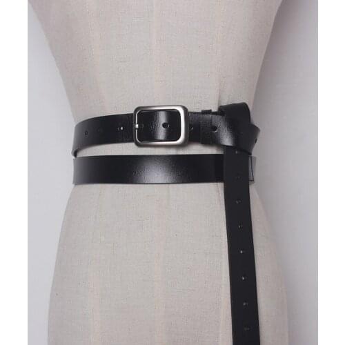 Black Cowhide Waist Belt Super Long Double Layers Self-tie Waistbands Shoulder Cage Corset Belt Genuine Leather Female Belt 2021
