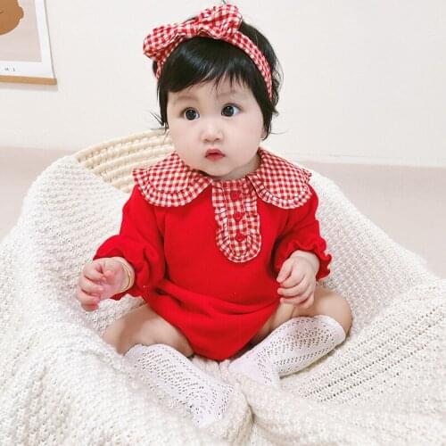 Baby Romper Autumn 2021 Girls Plaid Lapel Infant Clothes