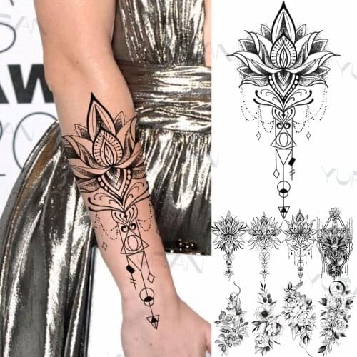 Geometric Lotus Pendant Fake Tattoo Sticker For Women Men Realistic Moon Cross Snake Temporary Tattoos Washable Forearm Tatoos