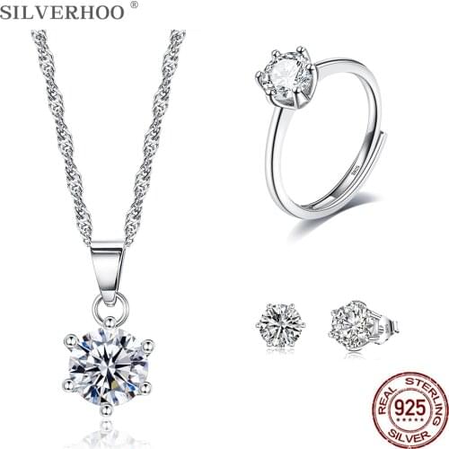 SILVERHOO 925 Sterling Silver Jewelry Set For Women Six Claws Design Adjustable Rings Stud Earrings Necklace Wedding Jewelry