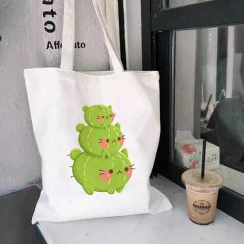Cute Cat Printed Canvas Shoulder Shopping Bag Tote Purses Casual Handbag Schoolbags Causual Shoulder Messenger Bag for Girls