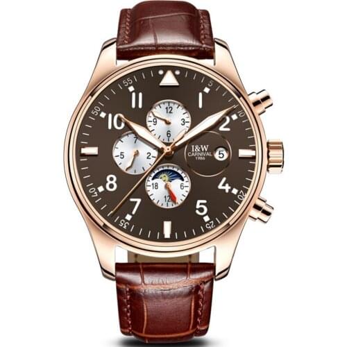 Carnival Mens Business Multifunction Dial Leather Watchband Automatic Mechanical Watch - gold bezel coffee dial