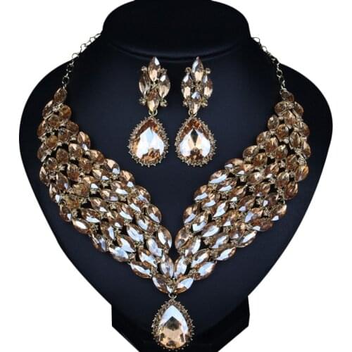 Fashion Jewelry Sets Bridal Wedding Artificial Crystal Rhinestone Pendants Choker Necklace Earrings Sets Jewelry for Women
