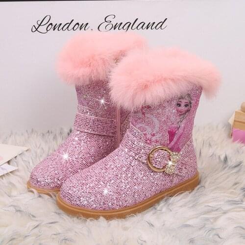 Disney female baby short boots autumn and winter new 2021 fashion sequins Princess Aisha childrens shoes plus velvet snow boots