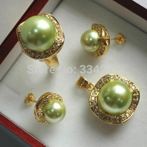 Beautiful shell Pearl earrings Pendant ring size 7 8 9 # set