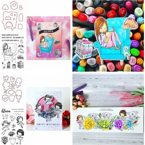 Beautiful Girls Metal Cutting Dies With Clear Silicone Stamps Set Books Flowers Vase Cats Mixed Element DIY Scrapbooking 2020