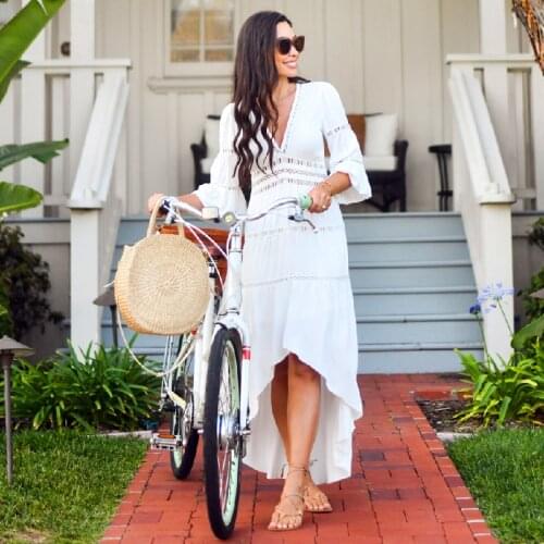 Bikini Cover-Ups Elegant Hollow Out Deep V-neck Summer Beach Dress White Cotton Tunic Women Beach Wear Swim Suit Cover Up Q1081