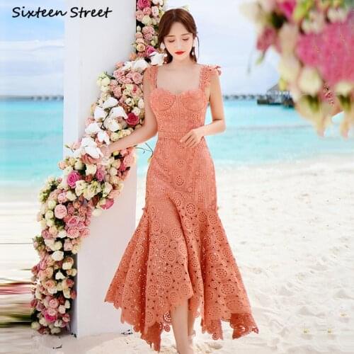 Orange Lace Straped Dresses for Woman Summer Beach Sexy Evening Party Maxi Dress Woman Vestidos High Waisted Spaghetti Dress
