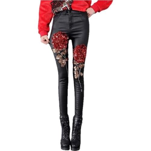 Autumn Winter Women Leggings Pants Peacock Sequins PU Leather Female High Waist Stretch Jeggings Slim Pencil Pants