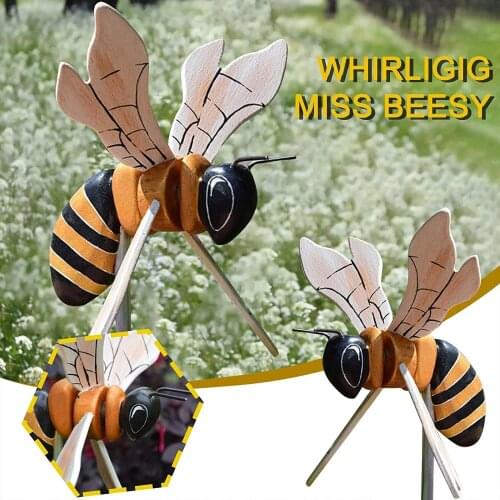 Garden Bee Wasp Windmill Small Sculpture Outdoor Stake Standing Lawn Flower Bush Decor Wood Bee Wings Wind Spinner