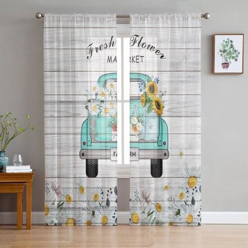 Retro Truck Idyllic Daisy Chiffon Tulle Curtains for Living Room Kitchen Bedroom Sheer Voile Yarn Window Treatment