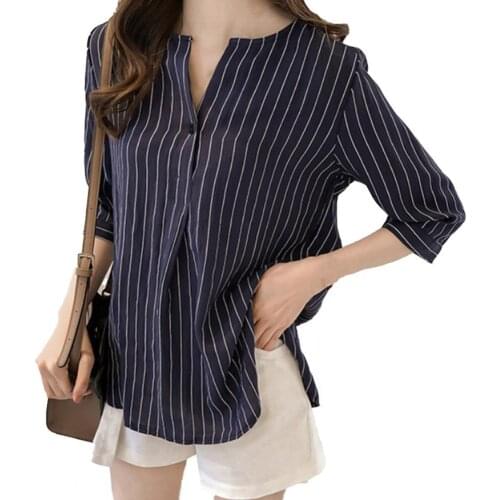 Chic Turn-down Collar Women Striped Shirts 3/4 Sleeve Single-breasted Loose Female Blouses Casual Tops 2021 Plus Size 3XL