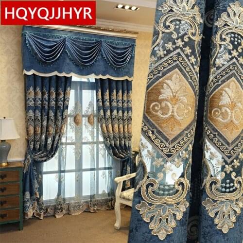 Modern classic blue embroidered curtains are used in the bedroom high-quality elegant villa curtains are used in the living room