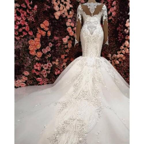 Crystal Mermaid Wedding Dresses 2021 See Thru Full Sleeves Lace Bridal Dress Sexy Wedding Gowns Vestido