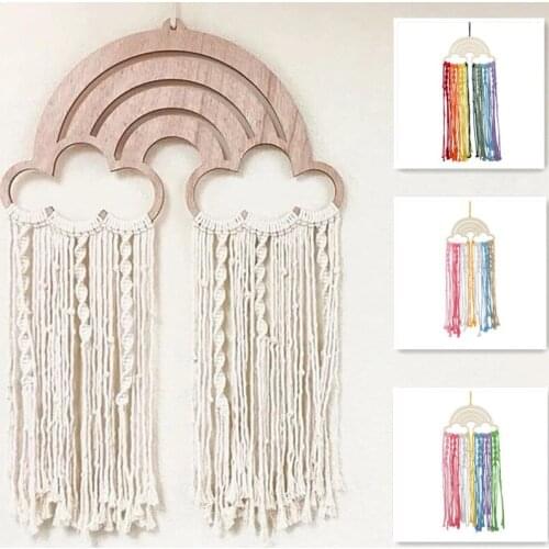 Vintage Wooden Rainbow Cotton Tassels Baby Room Wall Hanging Handmade Macrame Home Decor Handcrafted Girls Room Indian Ornament