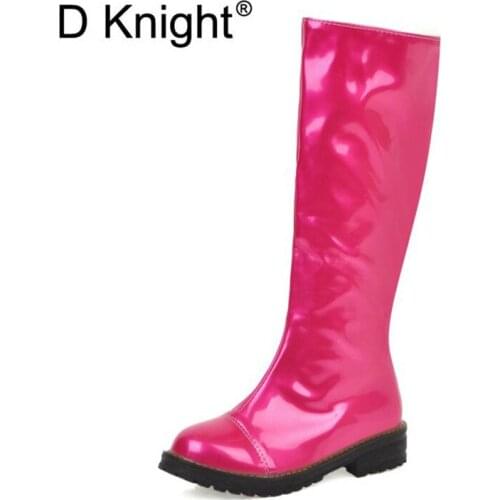D Knight Women Shoes Knee High Boots Big Size High Quality Patent Leather Brand Women Shoes Round Toe Long Women Winter Boots 12