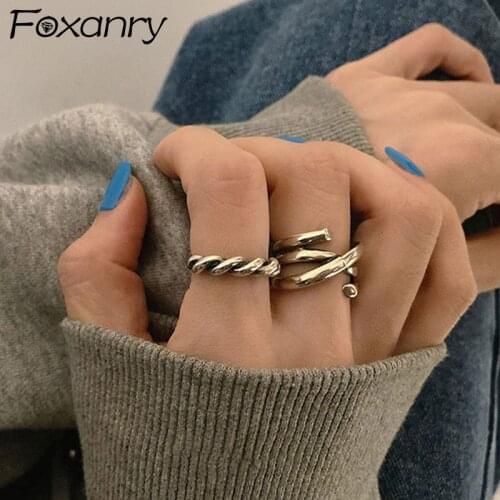 Foxanry Minimalist 925 Sterling Silver Party Rings for Women New Fashion Creative Multilayer Geometric Thai Silver Jewelry Gifts
