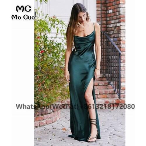 2021 Sheath Prom Evening Dresses Long Spaghetti Straps V-Neck Robe De Soiree With Side Slit Party Prom Dresses