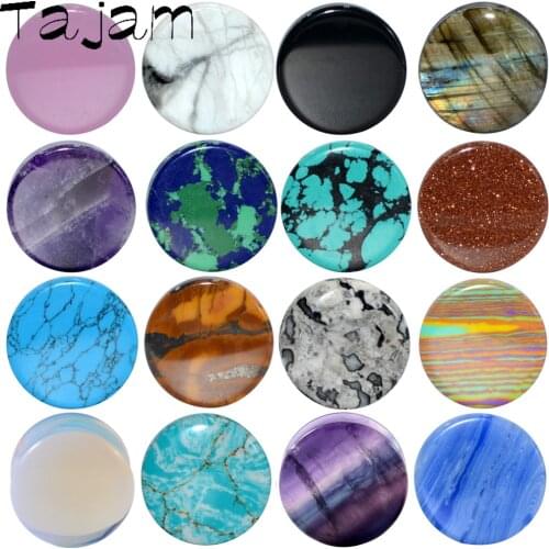 2PCS Stone Double Flared Plug Opal Rose Quartz Ear Tunnel Gauge Obsidian Stone Ear Expander Weight Body Piercing Jewelry