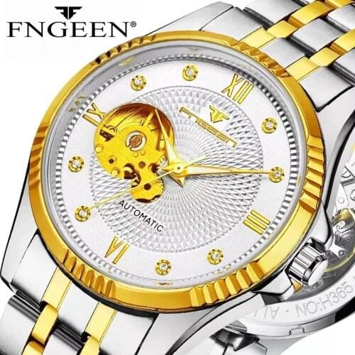 Fashion Skeleton Design Diamond Golden Dial Steel Mens Watch Top Brand Luxury Tourbillon Mechanical Automatic Wrist Watches Man