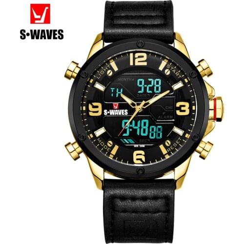 SWAVES Dual Display Watches Mens 2019 Gold Black Quartz Leather Belt Montre Homme Waterproof Military Analog Digital Men Watch
