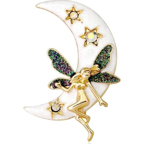 HOSENG Night Sky Star Moons Goddess Enamel Brooch Trendy Vintage White Gold Color For Women Party Shinning Jewelry Pin HS_4543