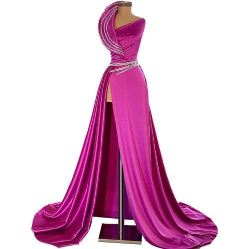 Fuchsia Long Satin Prom Dresses Floor Length Rhinestones vestido de fiesta de boda A-line Sleeveless sukienki koktajlowe