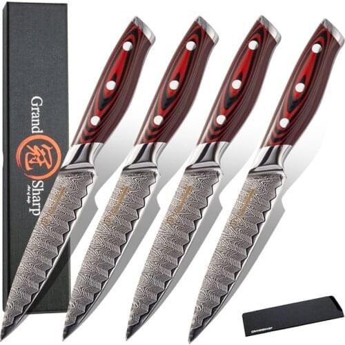 GRANDSHARP 4 Pcs Steak Knife Set Damascus Kitchen Knives 67 Layers VG10 Japanese Damascus Steel Kitchen Knives G10 Handle Gift